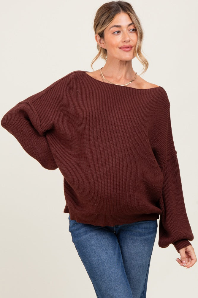 Brown Balloon Sleeve Boat Neck Knit Maternity Sweater