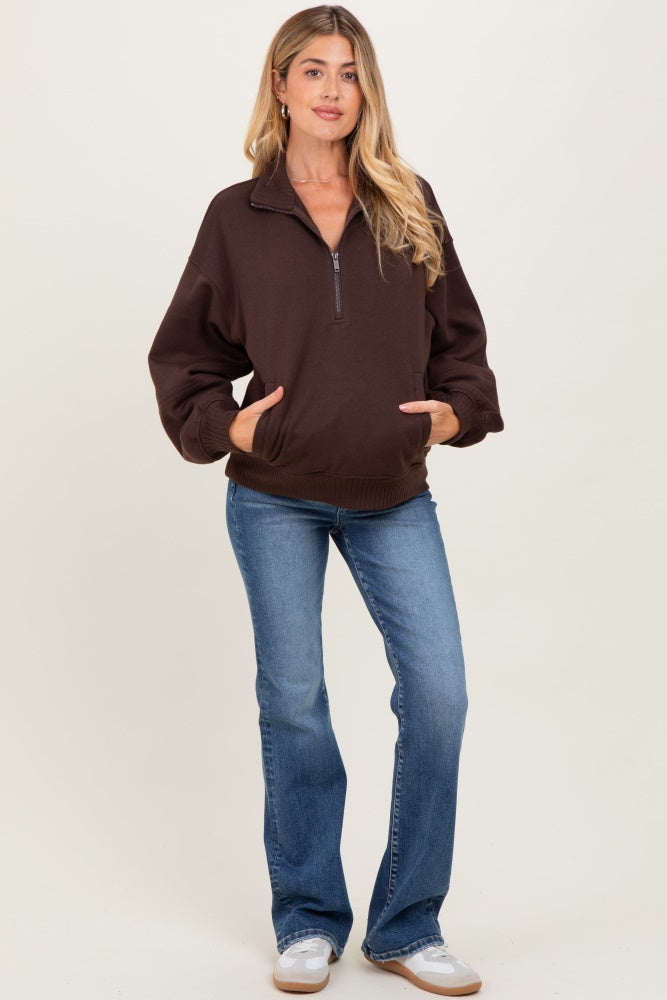 Brown French Terry Quarter Zip Maternity Pullover