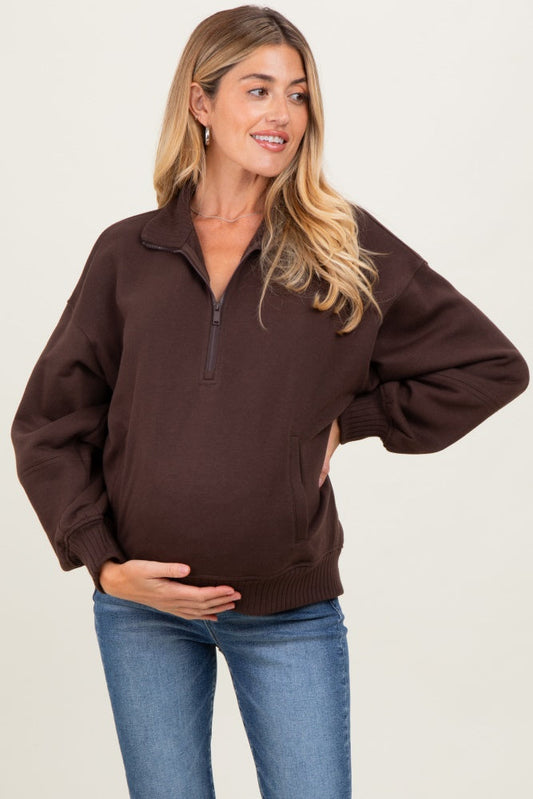 Brown French Terry Quarter Zip Maternity Pullover