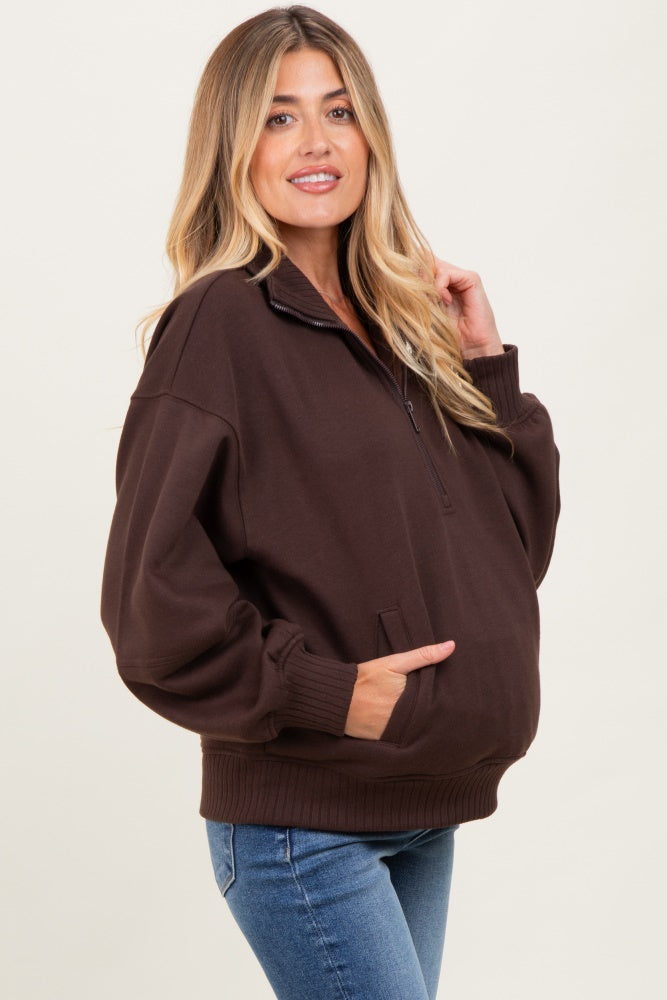 Brown French Terry Quarter Zip Maternity Pullover