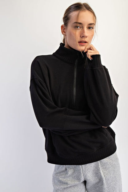 Black French Terry Quarter Zip Maternity Pullover