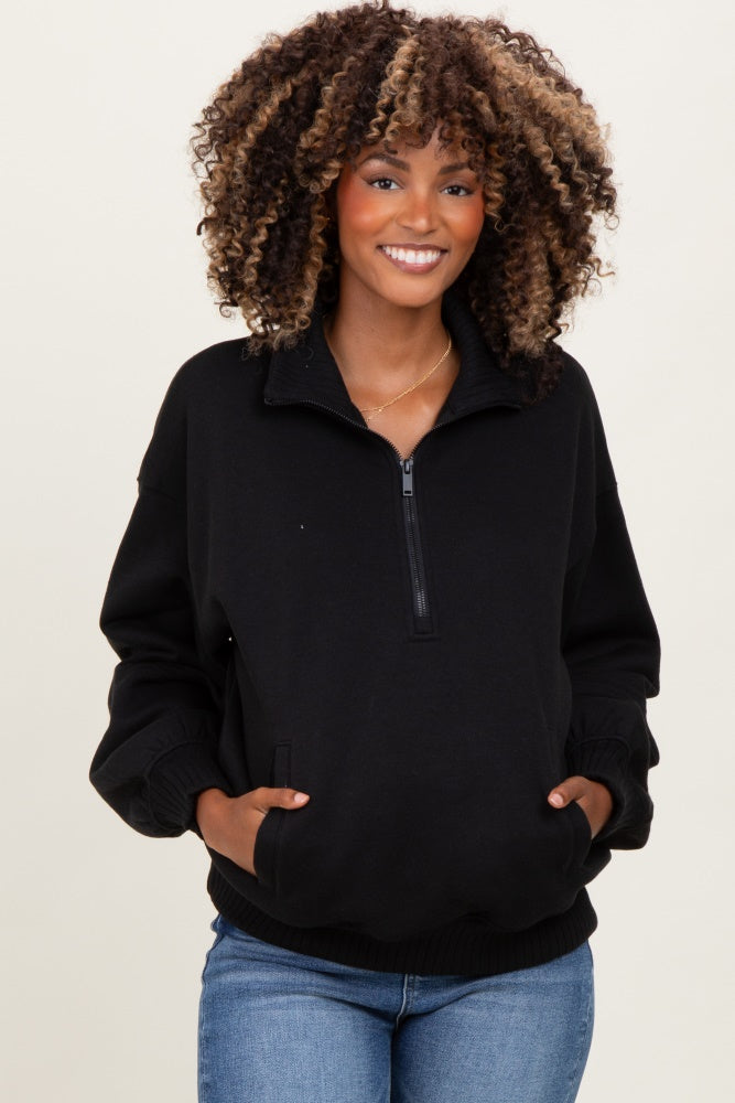 Black French Terry Quarter Zip Maternity Pullover