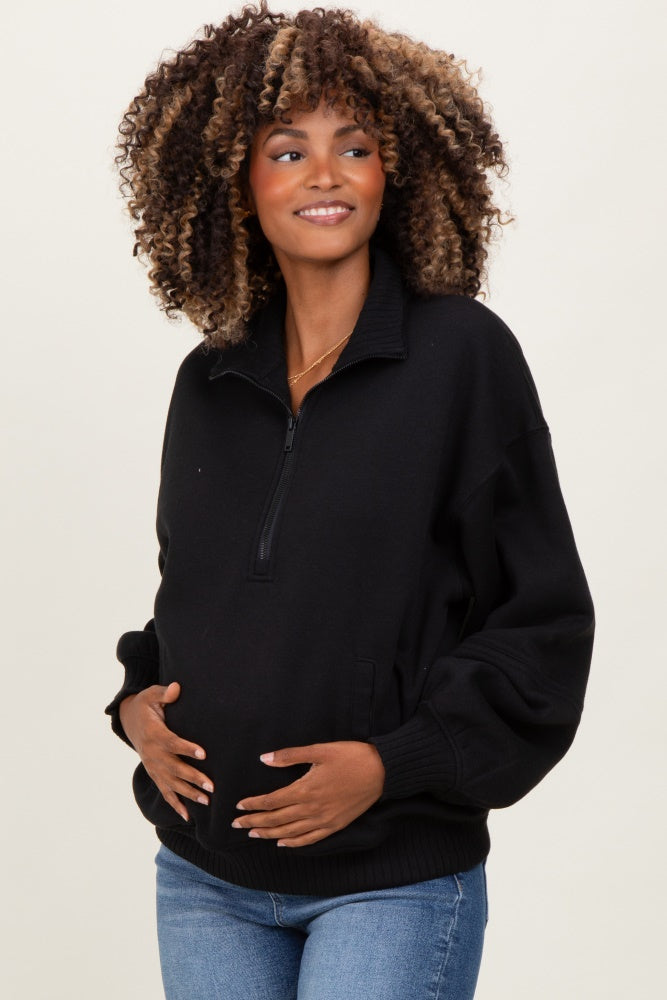Black French Terry Quarter Zip Maternity Pullover