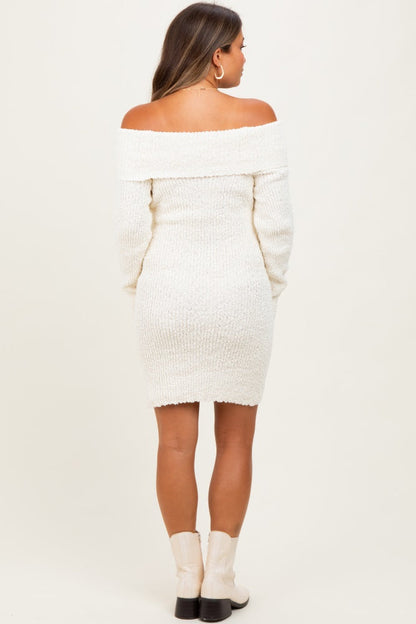 Ivory Off The Shoulder Knit Sweater Maternity Mini Dress