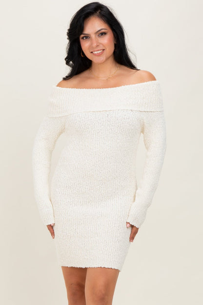 Ivory Off The Shoulder Knit Sweater Mini Dress