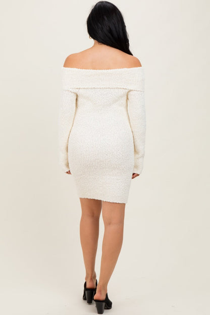 Ivory Off The Shoulder Knit Sweater Mini Dress