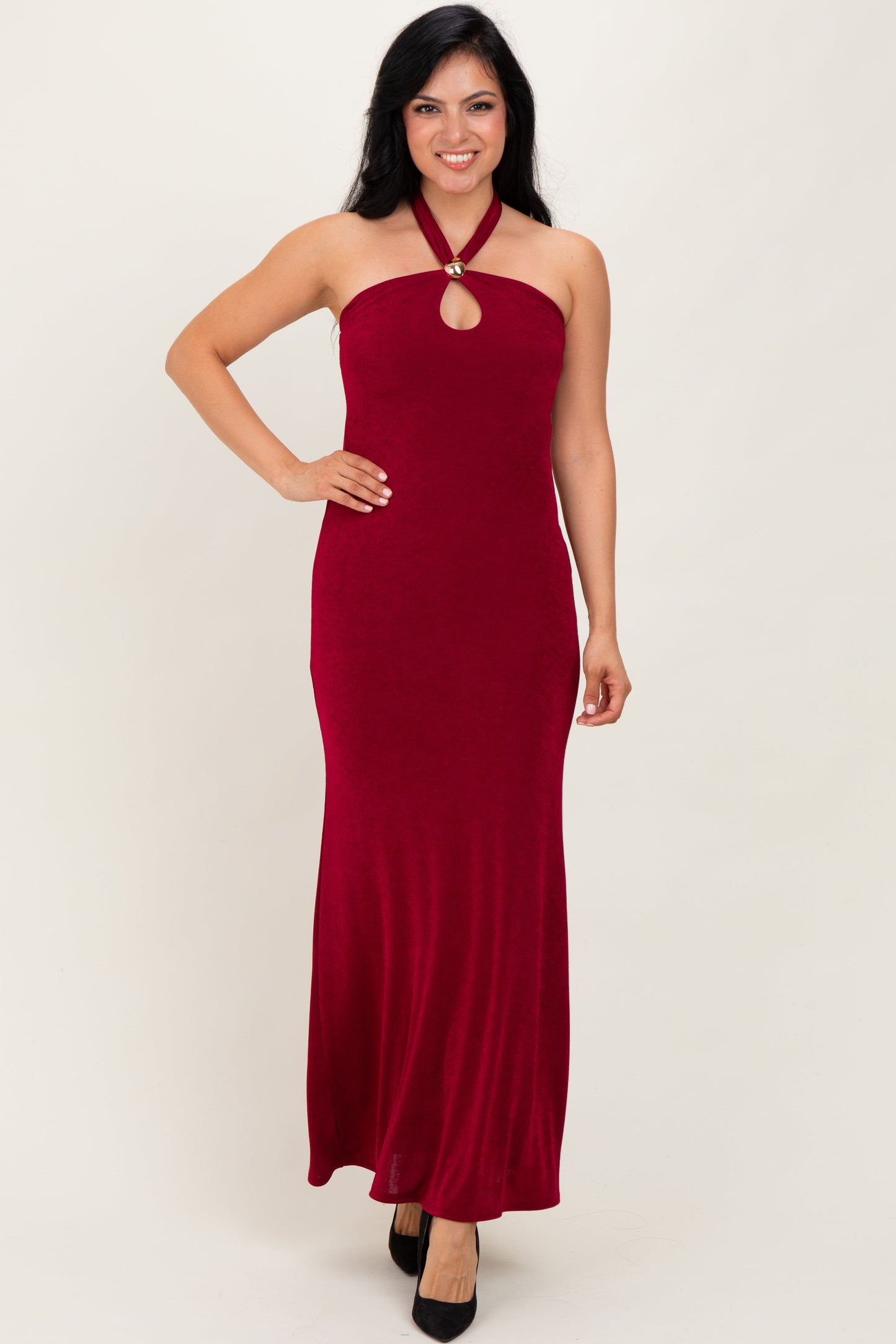 Burgundy Halter Pendant Maxi Dress
