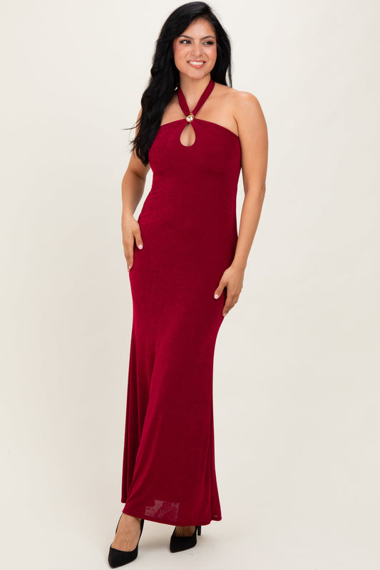 Burgundy Halter Pendant Maxi Dress