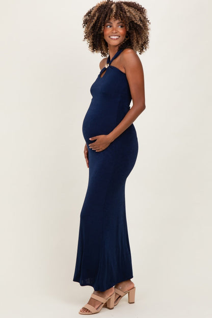 Navy Halter Pendant Maternity Maxi Dress