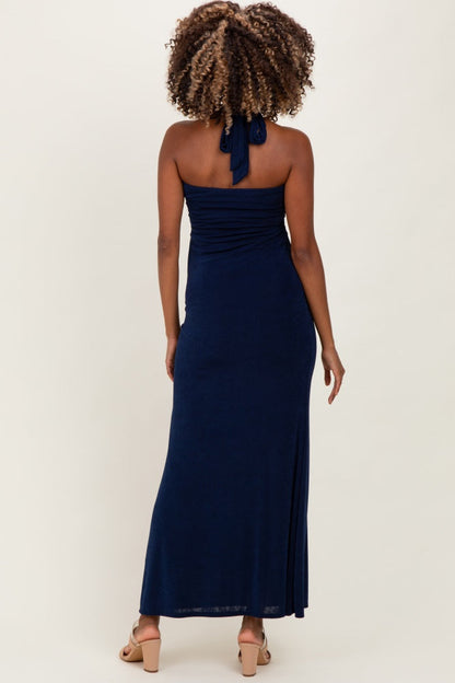 Navy Halter Pendant Maternity Maxi Dress
