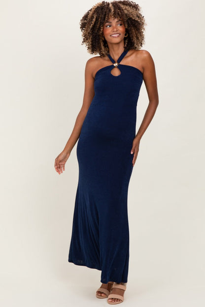 Navy Halter Pendant Maternity Maxi Dress
