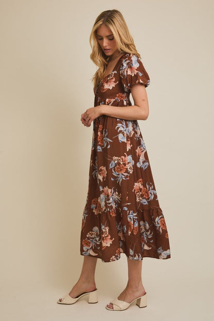 Brown Floral Sweetheart Puff Sleeve Midi Dress