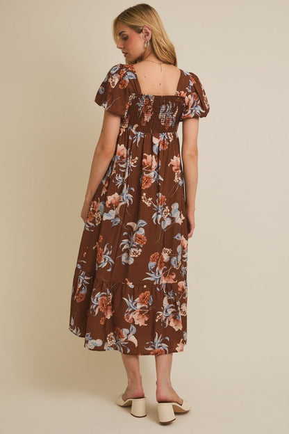 Brown Floral Sweetheart Puff Sleeve Midi Dress