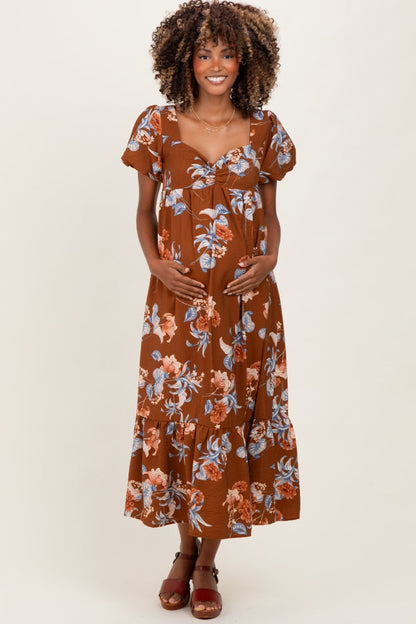 Brown Floral Sweetheart Puff Sleeve Maternity Midi Dress