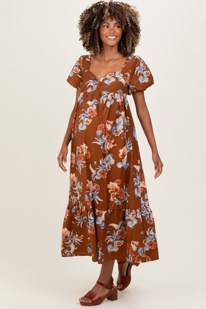 Brown Floral Sweetheart Puff Sleeve Maternity Midi Dress
