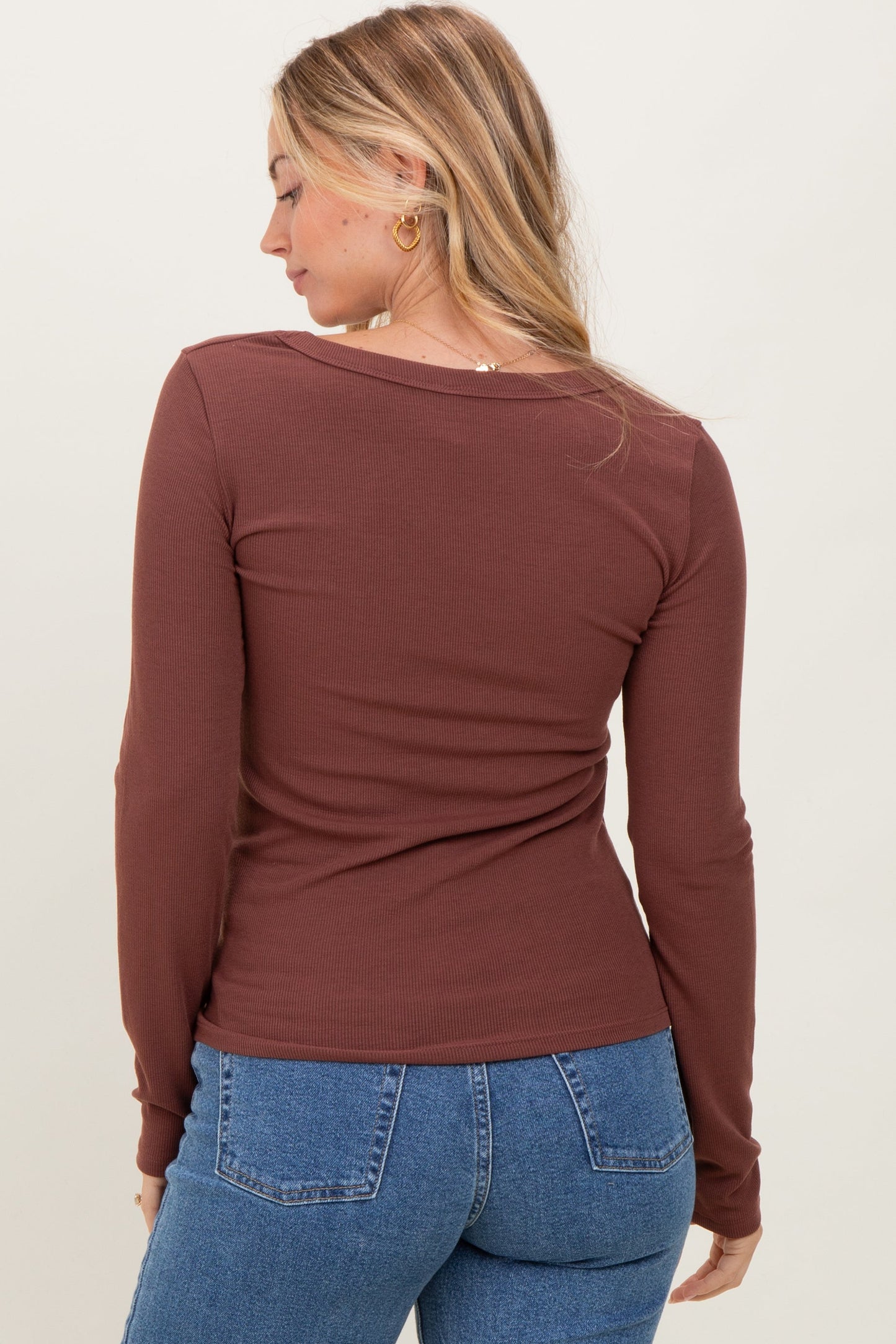 Dark Mocha Ribbed Square Neck Long Sleeve Top