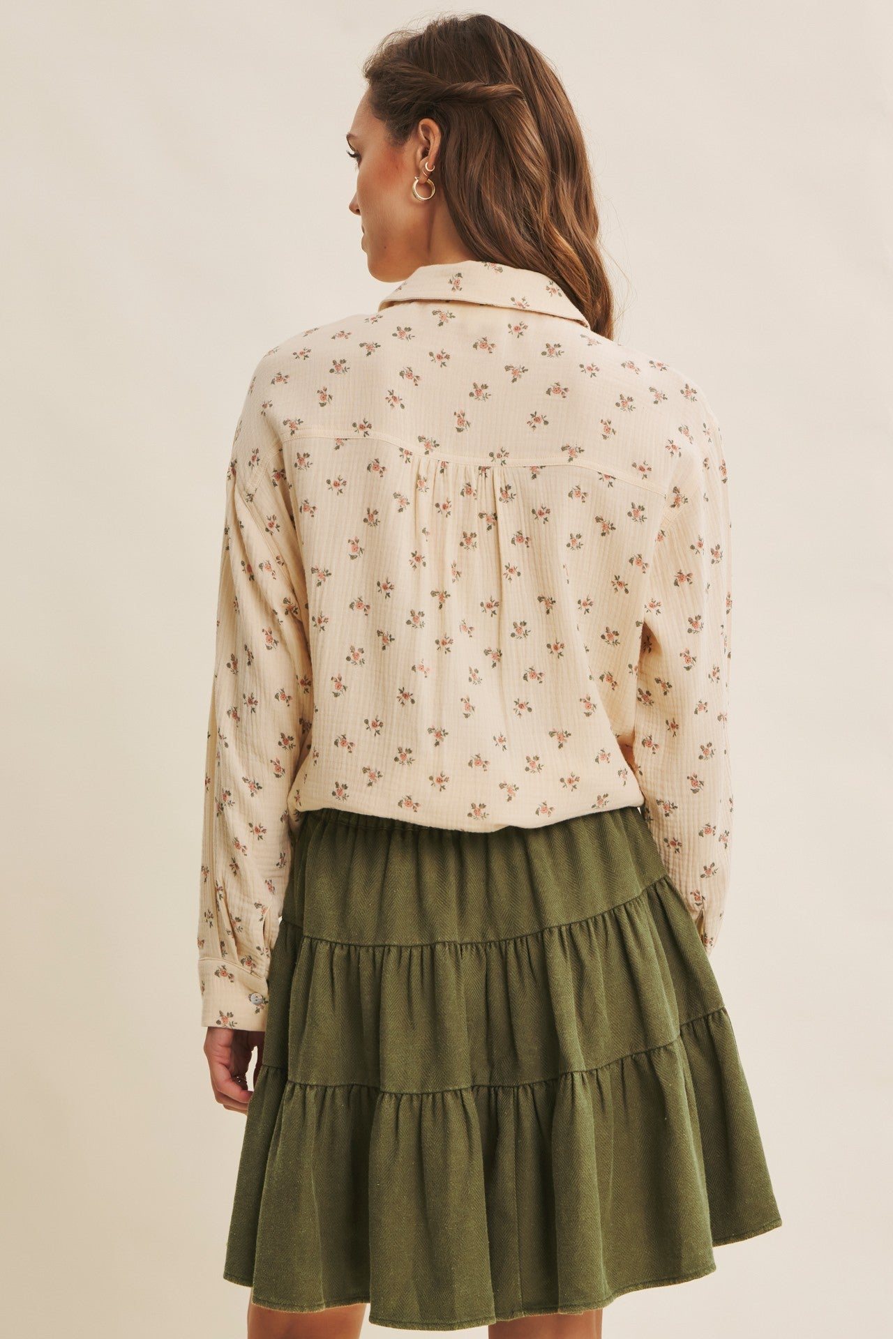 Cream Floral Cotton Gauze Oversized Button-Down Shirt