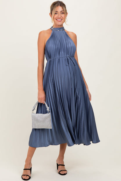 Navy Blue Pleated Maternity Halter Dress