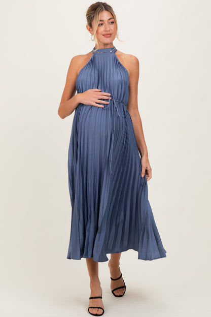 Navy Blue Pleated Maternity Halter Dress