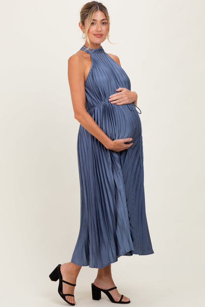 Navy Blue Pleated Maternity Halter Dress