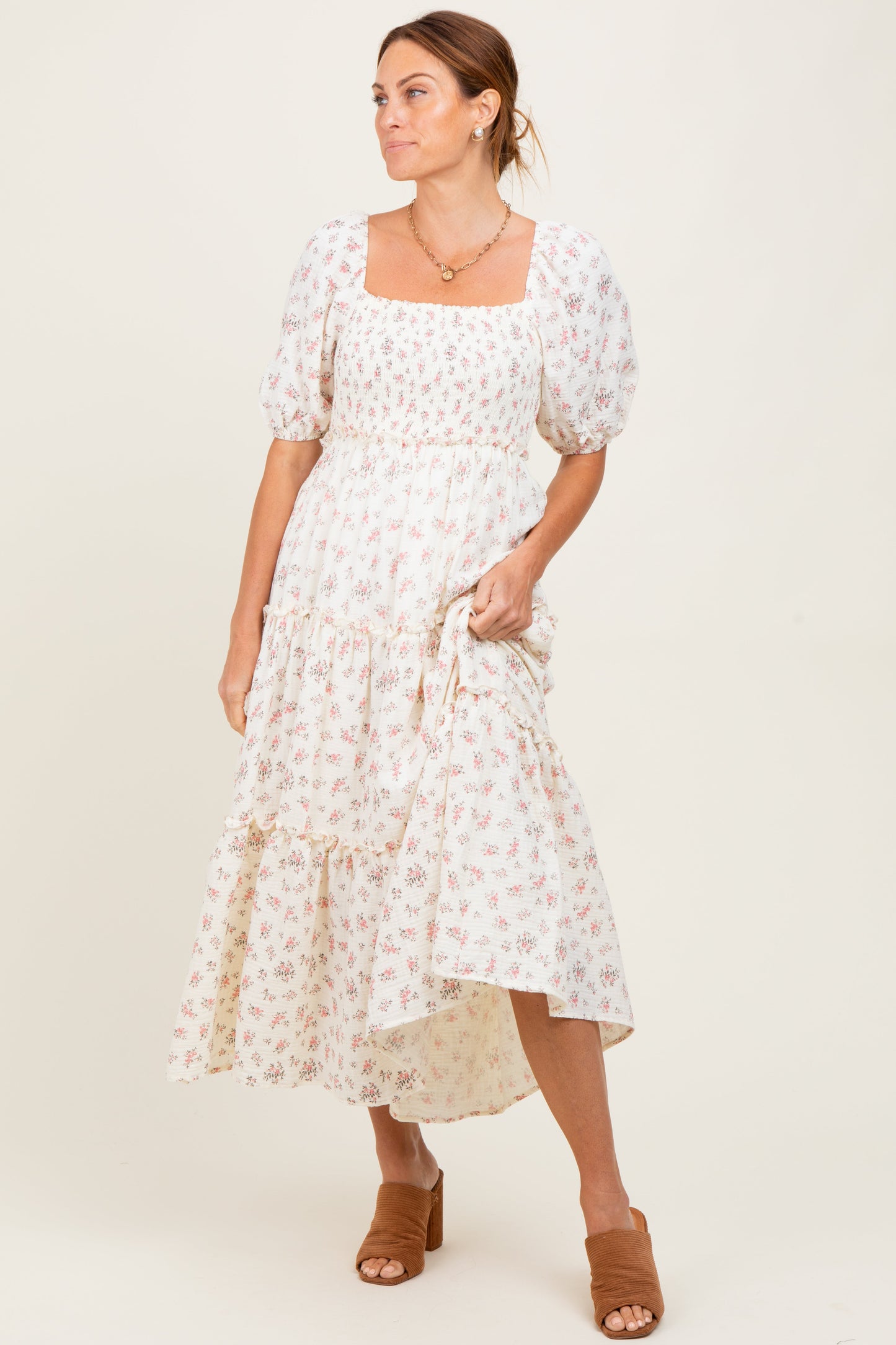 Pink Floral Smocked Ruffle Tiered Maxi Dress