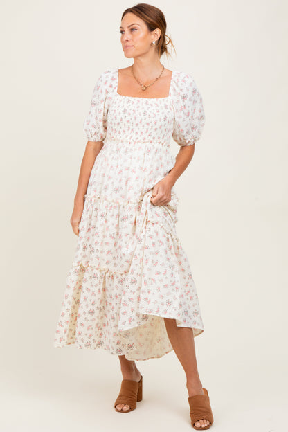 Pink Floral Smocked Ruffle Tiered Maxi Dress