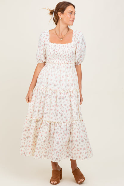 Pink Floral Smocked Ruffle Tiered Maternity Maxi Dress