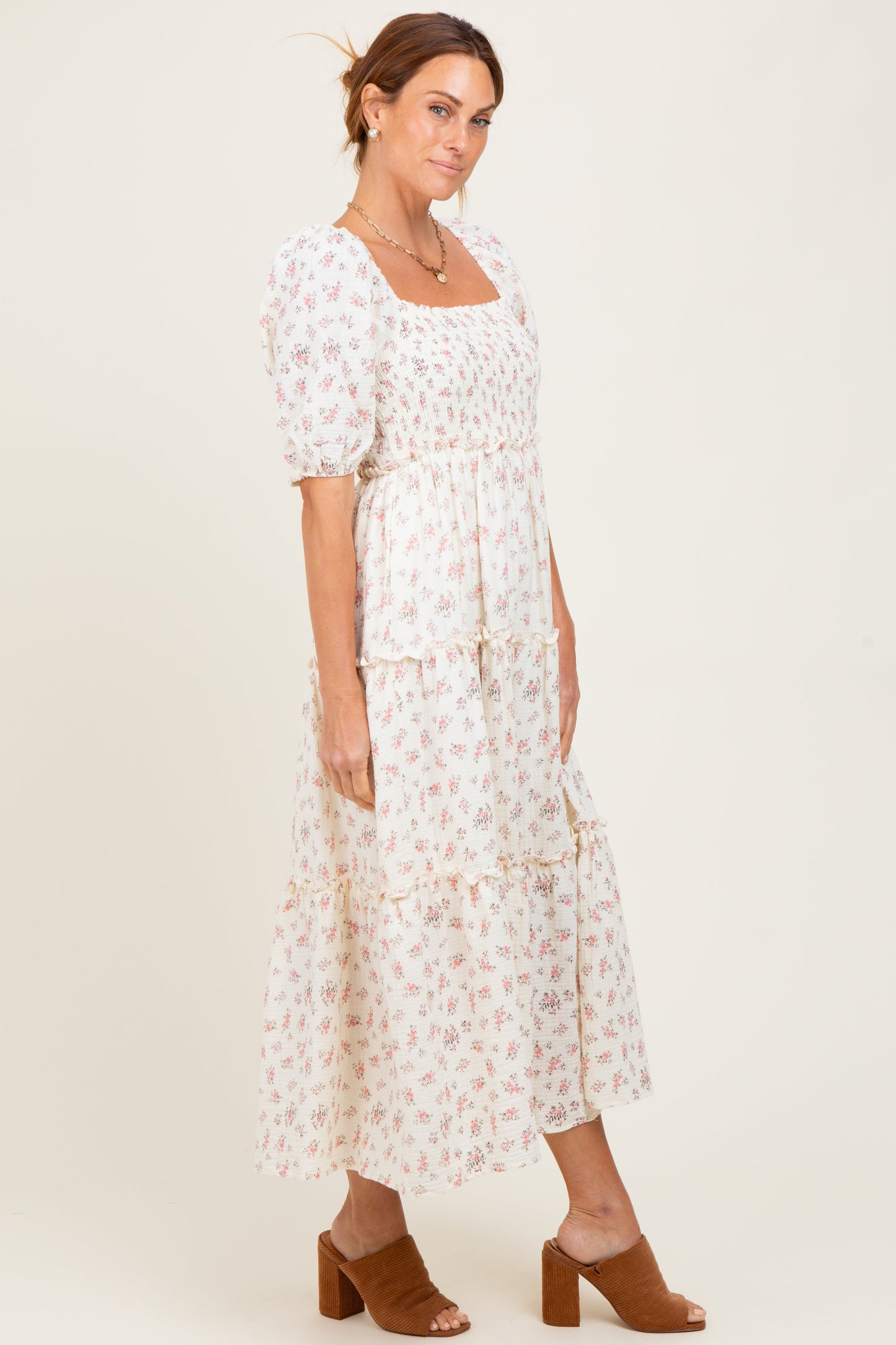 Pink Floral Smocked Ruffle Tiered Maxi Dress