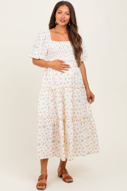 Pink Floral Smocked Ruffle Tiered Maternity Maxi Dress