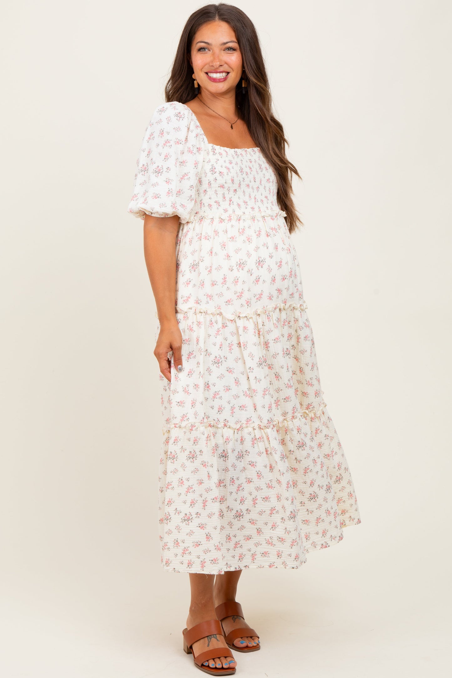 Pink Floral Smocked Ruffle Tiered Maternity Maxi Dress