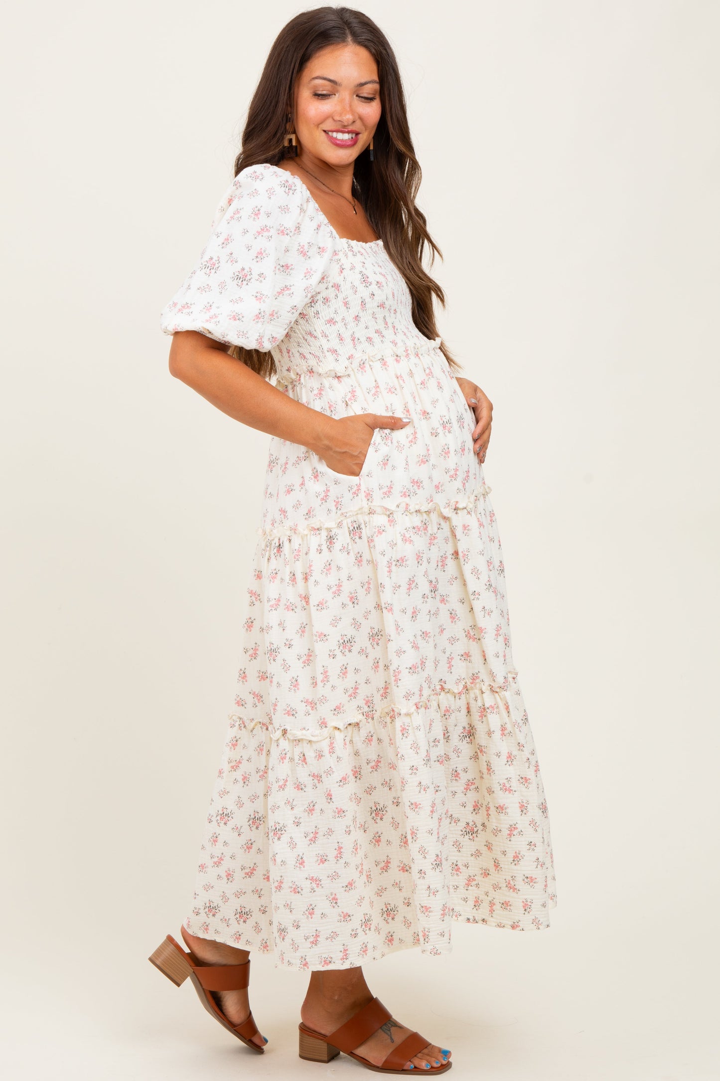 Pink Floral Smocked Ruffle Tiered Maternity Maxi Dress