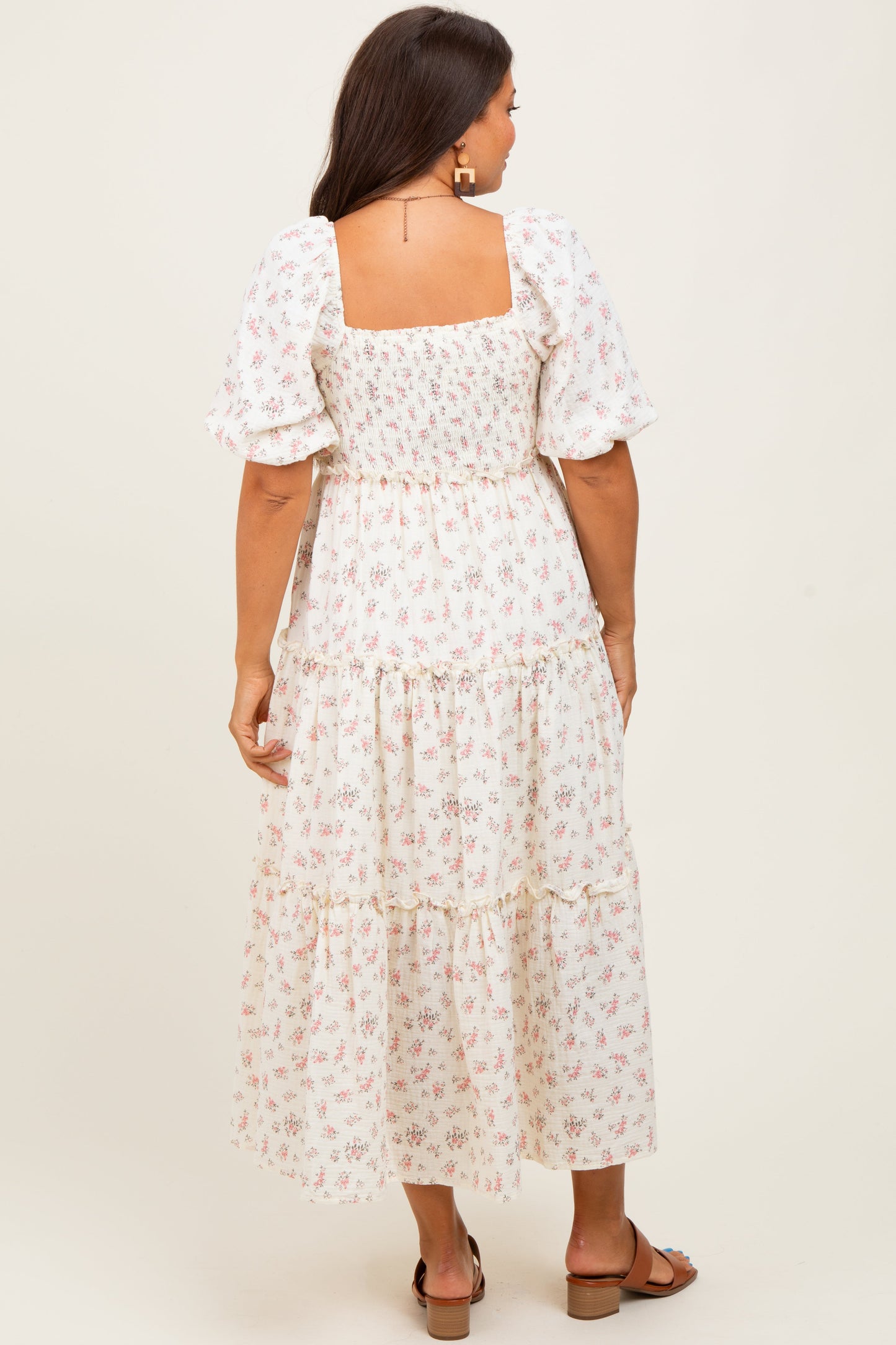 Pink Floral Smocked Ruffle Tiered Maternity Maxi Dress