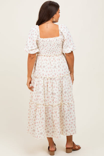 Pink Floral Smocked Ruffle Tiered Maternity Maxi Dress