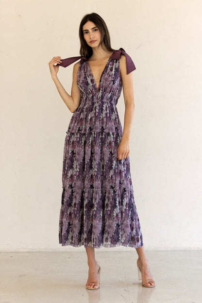 Purple Floral Mesh Deep V-Neck Shoulder Tie Maternity Maxi Dress