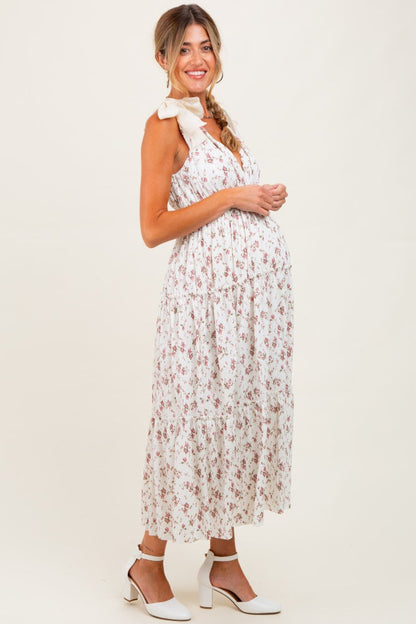 Ivory Floral Deep V-Neck Shoulder Tie Maternity Midi Dress