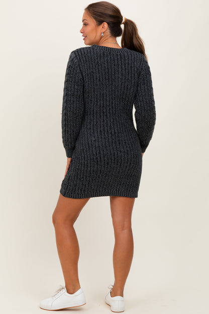 Black Two Tone Cable Knit Maternity Mini Sweater Dress