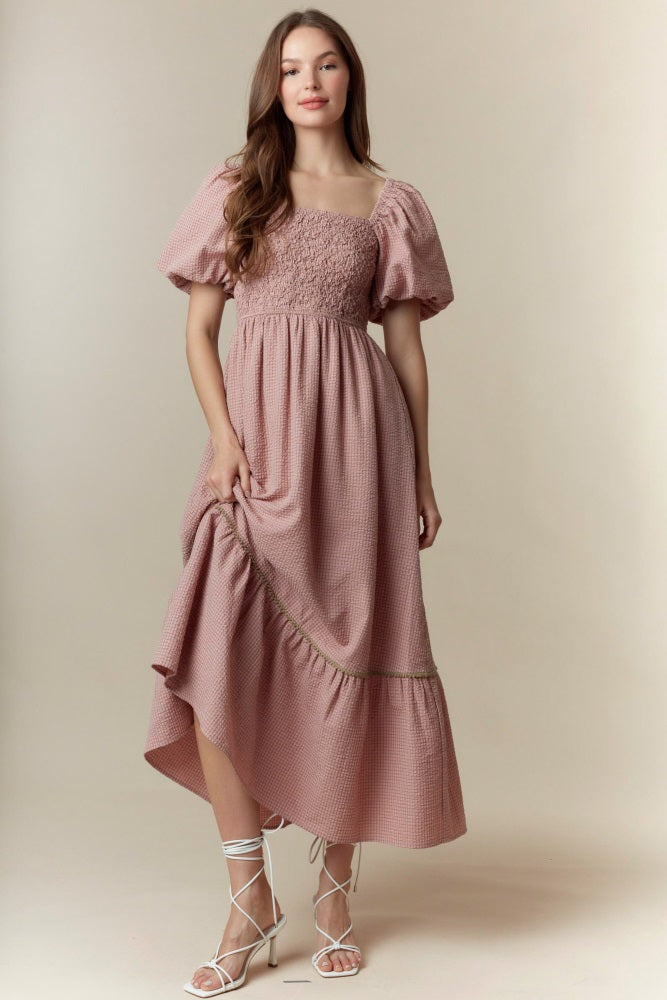 Mauve Plaid Smocked Puff Sleeve Maxi Dress
