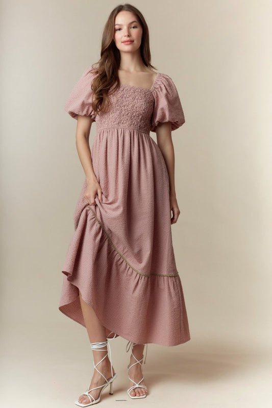Mauve Plaid Smocked Puff Sleeve Maxi Dress