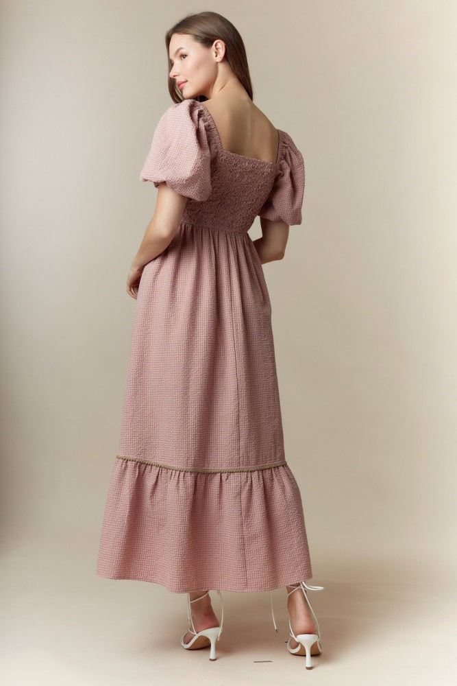 Mauve Plaid Smocked Puff Sleeve Maxi Dress
