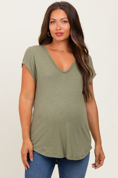 Green V-Neck Maternity Top