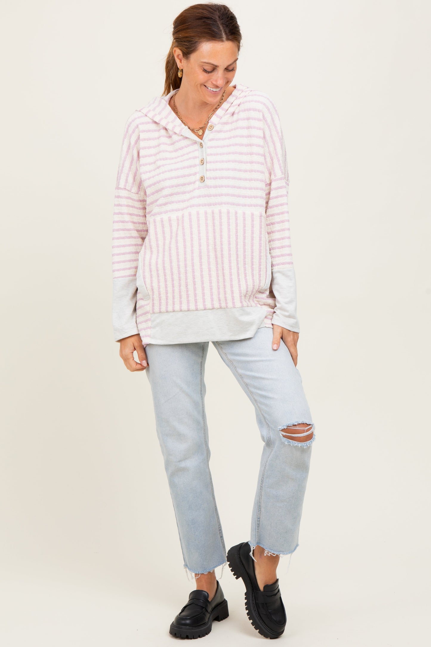 Light Pink Textured Stripe Button Up Hoodie