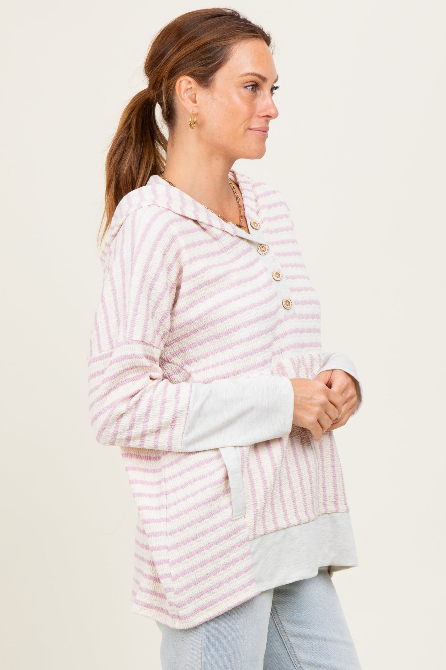Light Pink Textured Stripe Button Up Hoodie