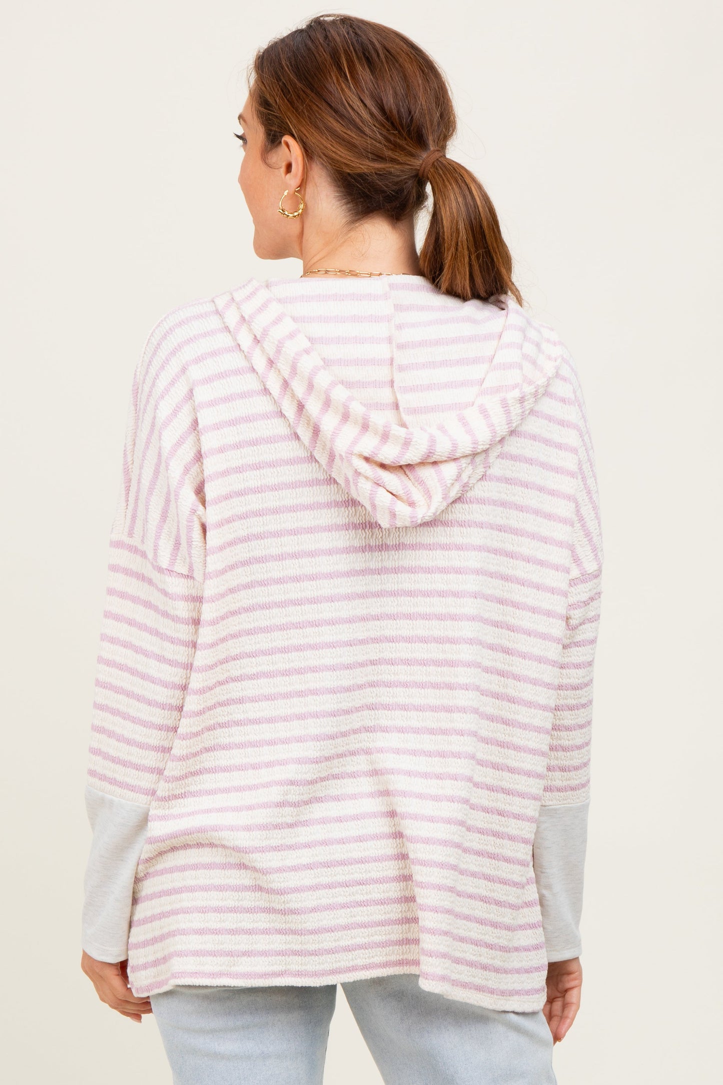 Light Pink Textured Stripe Button Up Hoodie