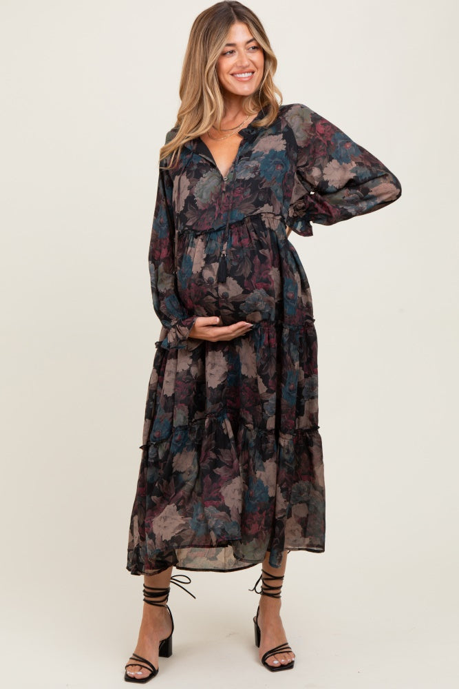 Black Floral Chiffon Ruffle Tiered Maternity Midi Dress