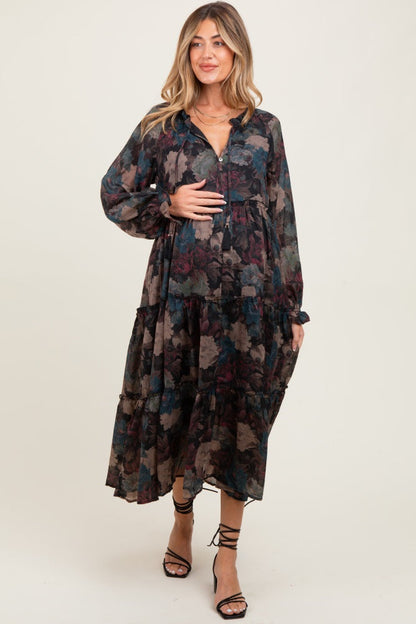 Black Floral Chiffon Ruffle Tiered Maternity Midi Dress