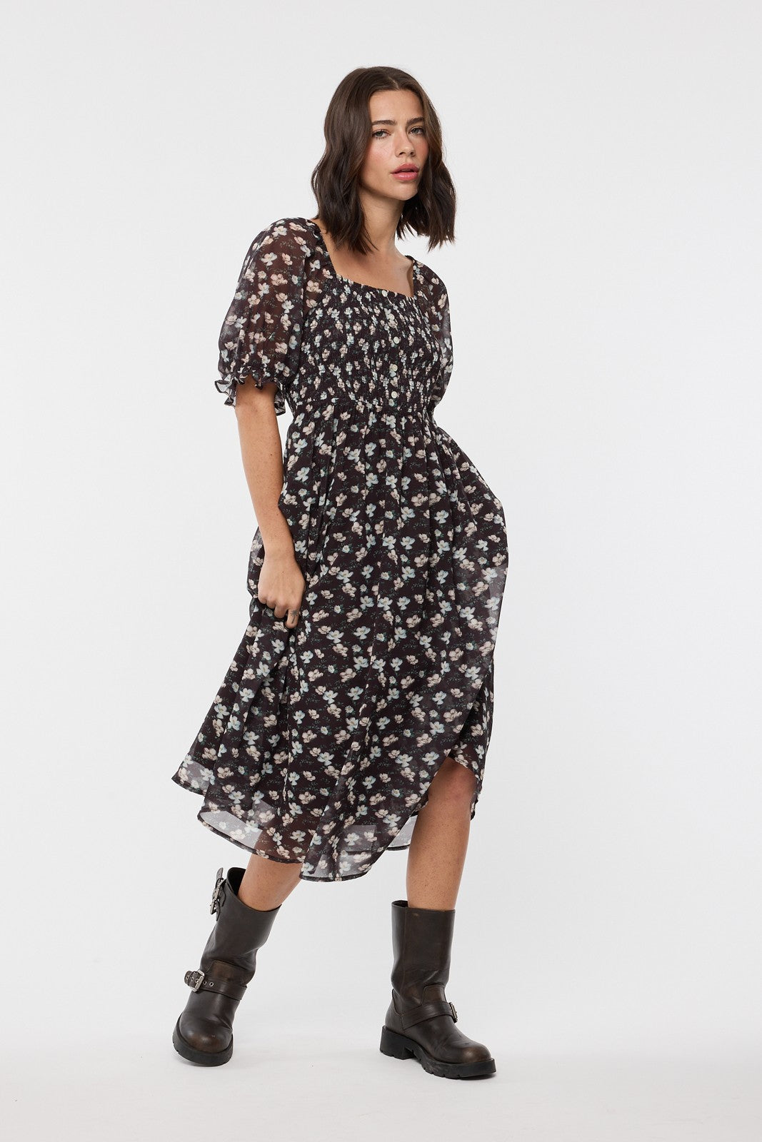 Brown Floral Smocked Puff Sleeve Midi Dress
