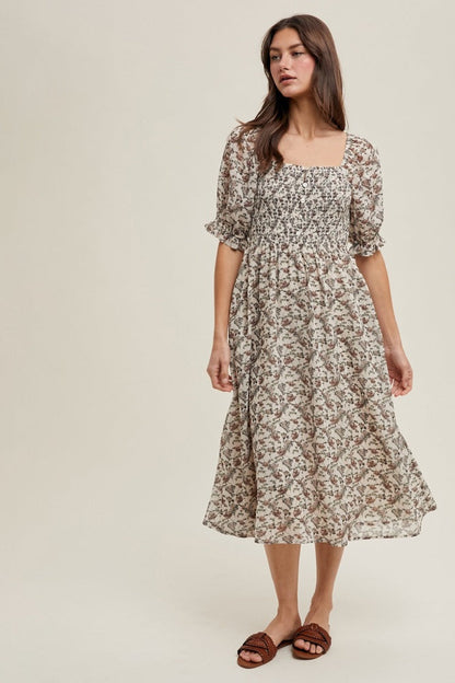 Cream Floral Smocked Puff Sleeve Midi Dress