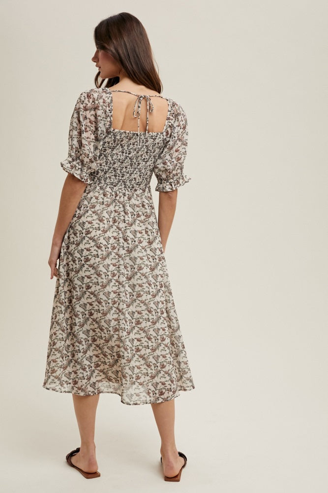 Cream Floral Smocked Puff Sleeve Midi Dress