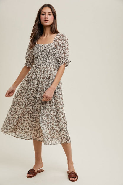Cream Floral Smocked Puff Sleeve Midi Dress