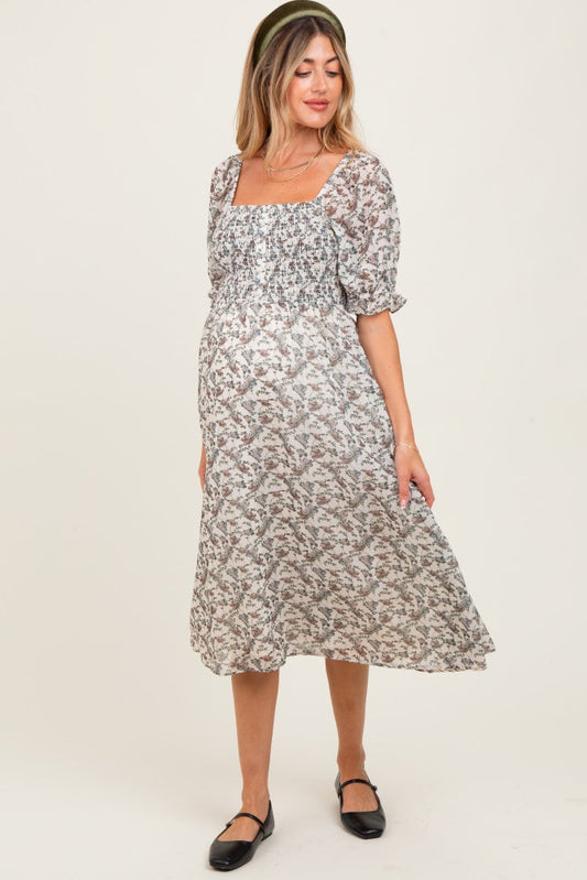 Cream Floral Smocked Puff Sleeve Maternity Midi Dress